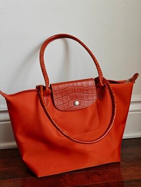 Authentic Longchamp Depose Bag Croc Embossed Leather Accents Long Handles
